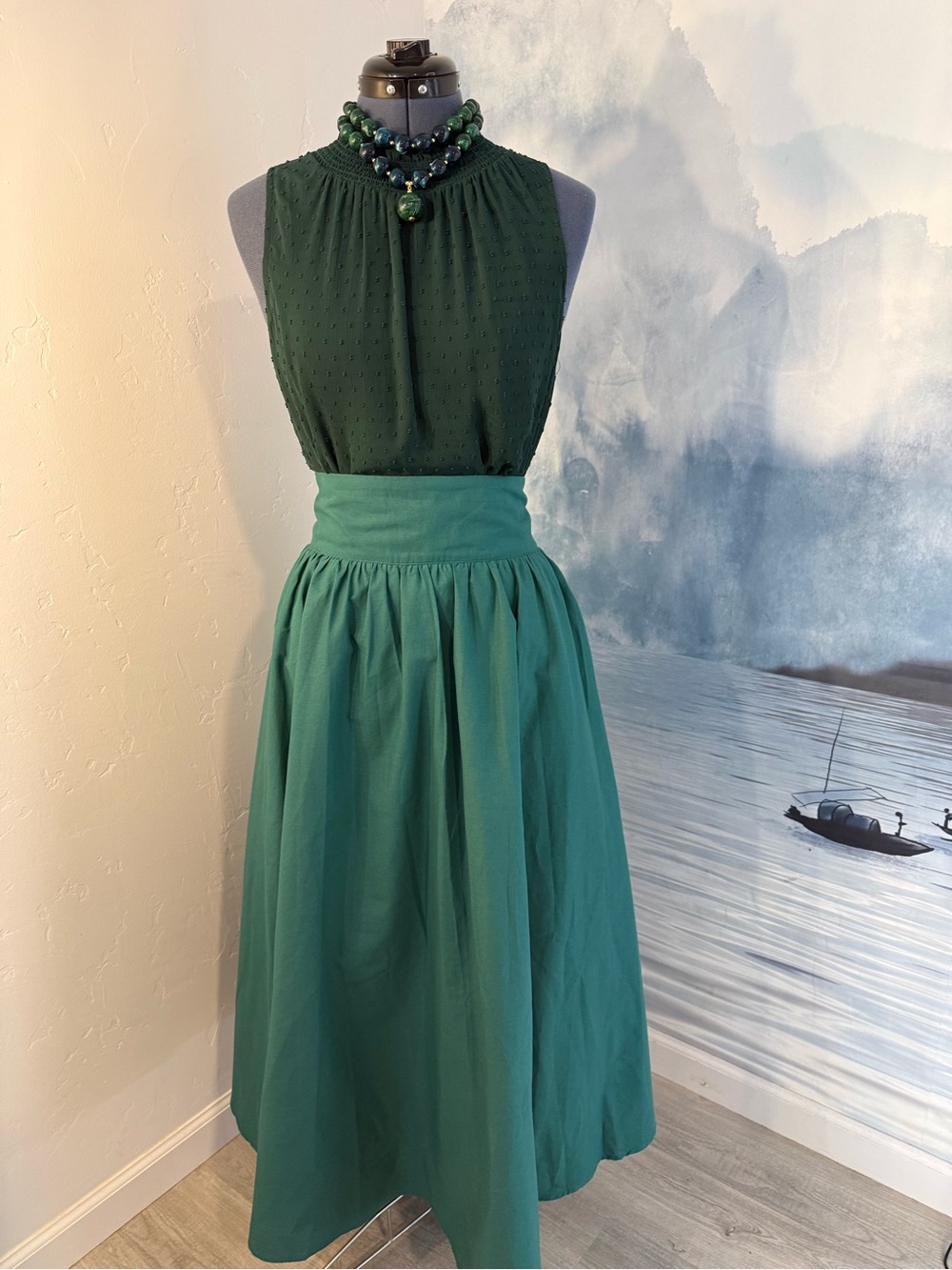 Emerald High-Waist Gathered Midi Skirt #298